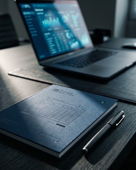 Relatório de diagnóstico tributário da Êxito ao lado de caneta e notebook com painel de indicadores.
