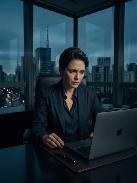 Empresária de terno escuro, expressão preocupada, analisando o notebook em seu escritório ao anoitecer, com a paisagem de São Paulo ao fundo.
