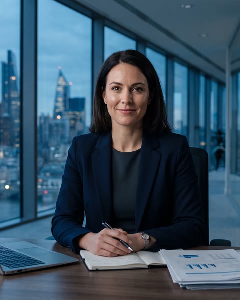 Consultora financeira em escritório corporativo à noite, analisando relatório e notebook.