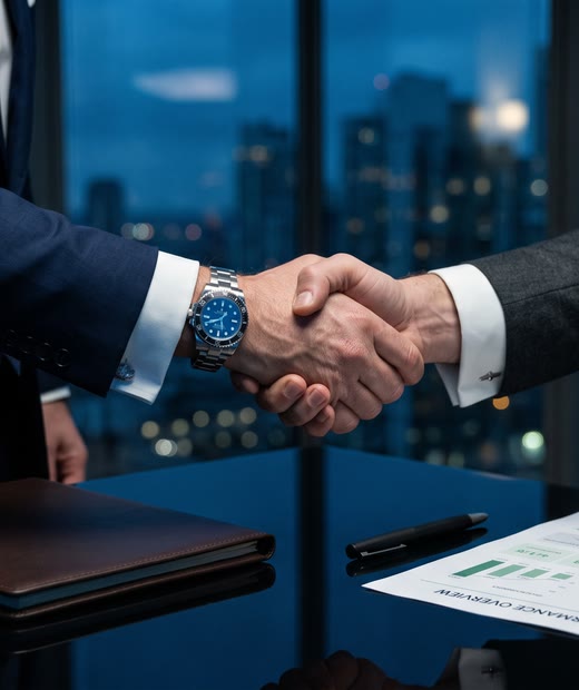 Aperto de mão entre executivos sobre a mesa, com relatório de desempenho ao lado.